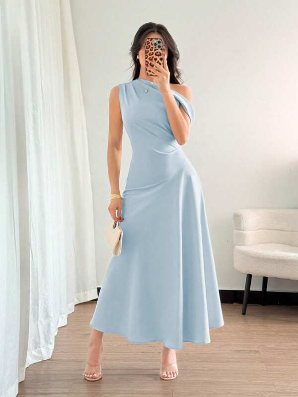 Elenzga Vestido elegante, de moda y lindo de estilo bohemio francés con volante asimétrico en el hombro y diseño entallado y acampanado en color verde macaron, adecuado para ocasiones de verano como vacaciones, graduación, Día de la Independencia, citas, vacaciones
