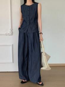 DAZY 2 件套女士夏季休闲牛仔圆领无袖上衣和宽松长裤牛仔套装 - 深色水洗藍 - 查看 2