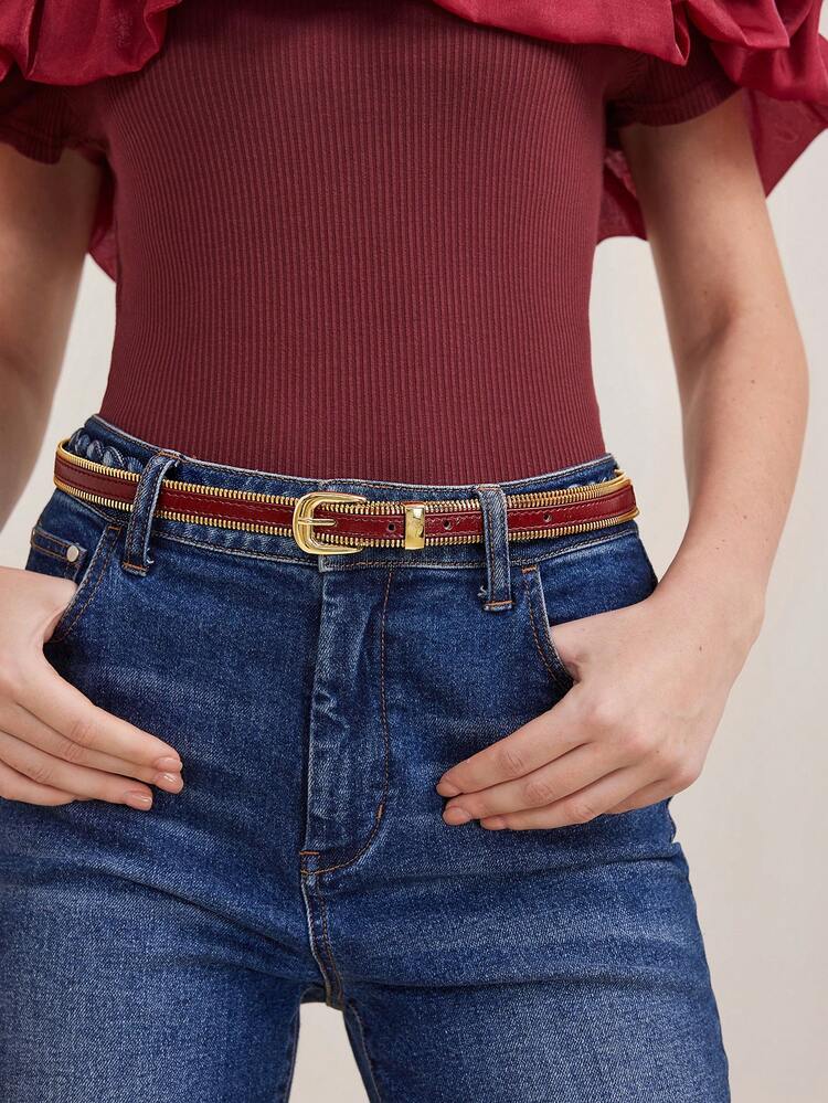ZIPPER TRIMMED PU LEATHER BELT