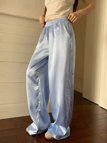 Muchica Women's Lace Patchwork Solid Color Elastic Waist Elegant Pants - Blue and White - View 8