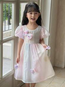 DAZY Girls (Small) Gradient Bow Decor Puffy Sleeve Party Birthday Dress, Korean Style