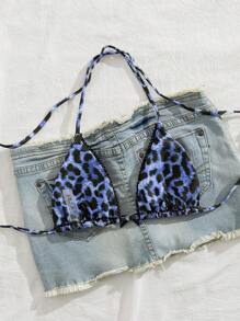 Swim Vcay 豹纹肩带性感吊带女式比基尼上衣 - 藍色 - 查看 2