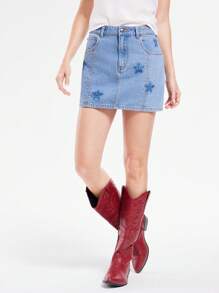 WESTFADE Váy ngắn denim pha cotton bó Rodeo Cowgirl Star Seamed Fitted Western Concert Nashville Country Concert - Rửa trung bình - Xem 1