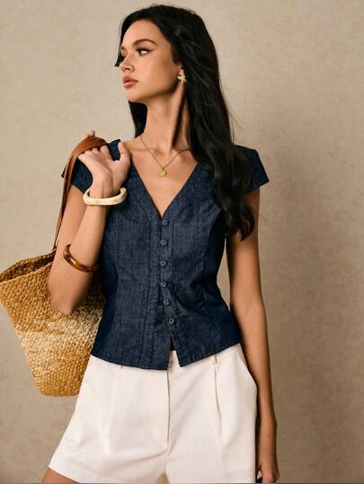 Poéselle Áo denim nữ tay ngắn cài cúc, thắt eo sau, cổ chữ V, kiểu dáng thường ngày, phong cách mùa hè dễ thương, đồng quê, đường phố, Y2K, cổ điển, công sở.