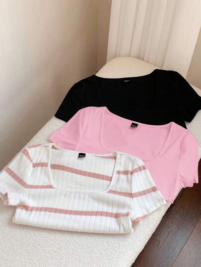 Comfortcana paquete de 3 camisetas básicas para mujer de manga corta con cuello cuadrado en negro, blanco y rosa