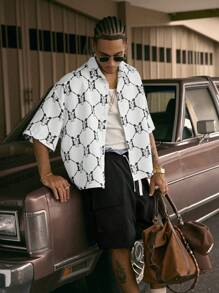 AXEPEAK Camisa de corte holgado con cuello, manga corta y estampado digital, con cordón en la cintura - Set para hombre