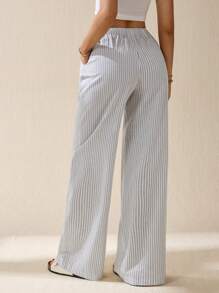 SHEIN Tall Women's Casual Summer Outfits Drawstring Waist Striped Long Pants For Daily Wear,Fall Women Clothes - White - View 2