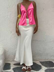 SHEIN Unity Top de tirantes informal de verano para mujer, de unicolor con contraste de encaje en la parte delantera - Rosa Fucsia - Ver 5