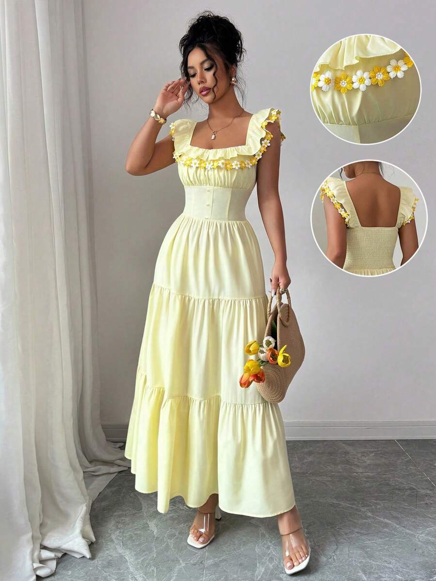 Elenzga 女士露肩花卉刺绣设计腰部收褶 A 字形连衣裙，优雅适合日常通勤 - 黃色 - 查看 1