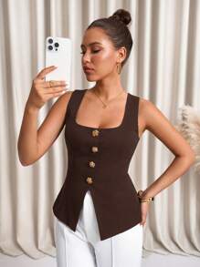 Lavishia 女士时尚方领蝴蝶结纽扣背心衬衫