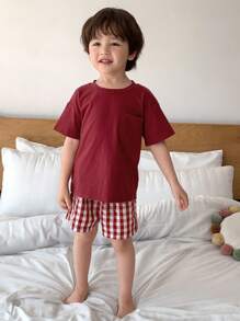 DAZY Conjunto de 2 piezas de camiseta de punto de cuello redondo de manga corta + pantalones cortos a cuadros casuales para niños, conjunto de verano