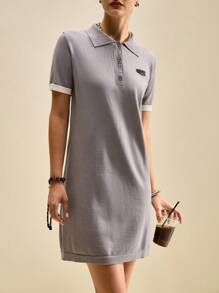 SHEIN Unity Vestido de punto holgado de manga corta, cuello polo, informal y suelto para verano, temporada de graduación - Gris - Ver 4