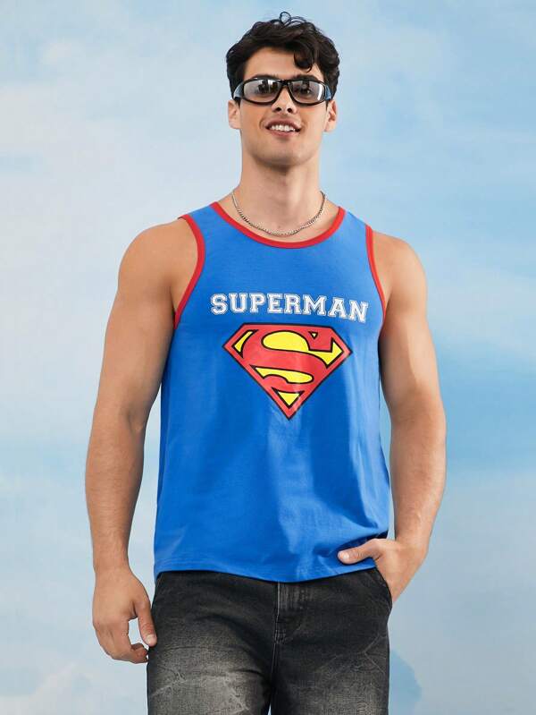 SUPERMAN X SHEIN Men's Casual Street Fashion Logo And Letter Graphic Ringer Tank Top, For Summer