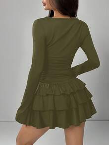 SHEIN EZwear 女式优雅橄榄绿荷叶边下摆黑色长袖连衣裙 - 軍綠色 - 查看 2