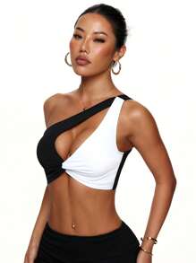SHEIN Sports 女士撞色单肩镂空日常健身运动文胸 - 黑與白 - 查看 7