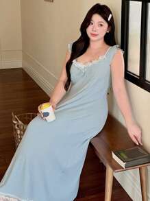 Dazy Plus Contrast Lace Elastic Fitted Long Nightgown Pajama - Baby Blue - View 7