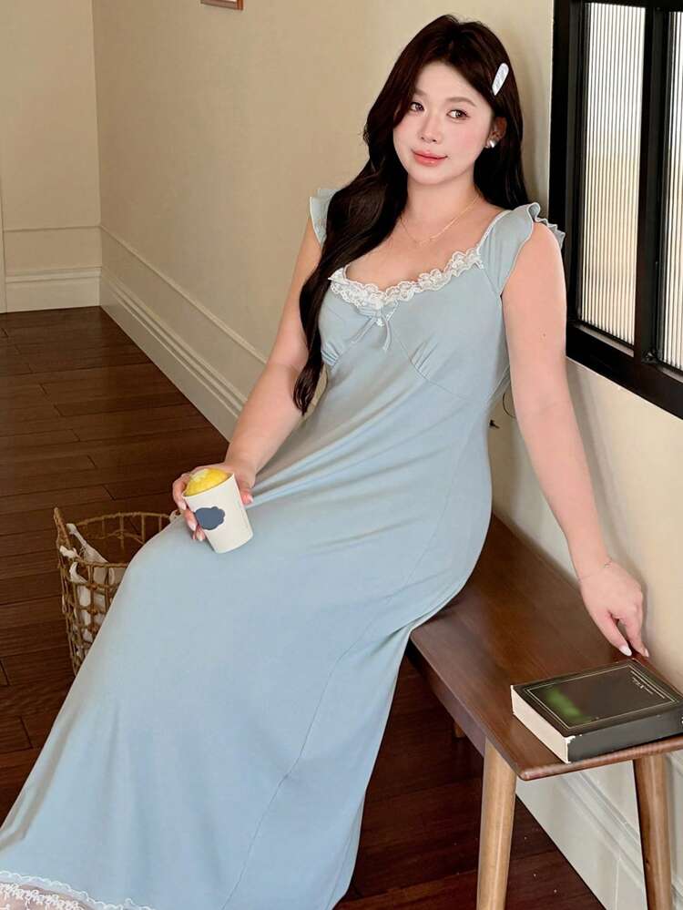Dazy Plus Contrast Lace Elastic Fitted Long Nightgown Pajama