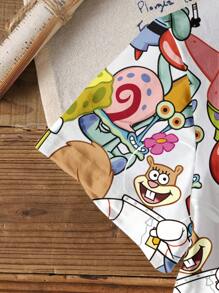 SpongeBob SquarePants | SHEIN 男童卡通图案宽松圆领短袖T恤，舒适休闲，适合夏季 - 白色 - 查看 4