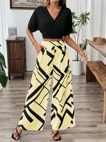 Rafferiza مجموعة من قطعتين: بلوزة كارديجان قصيرة بخطوط ملساء مفتوحة من الأمام وبنطال قصير بنقشة مربعات متجعد وقصير، بدلة مناسبة للتنقل، للربيع/الخريف