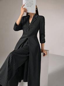 Heiryn 2 件套女士休闲条纹长外套和裤子套装，适合秋季 2 件套 - 黑色 - 查看 3