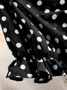 CosyJoli Plus Size Polka Dot Top Print Tie-Front V-Neck Short Sleeve Shirt,Slightly Sheer, Summer Spring - Black - View 4