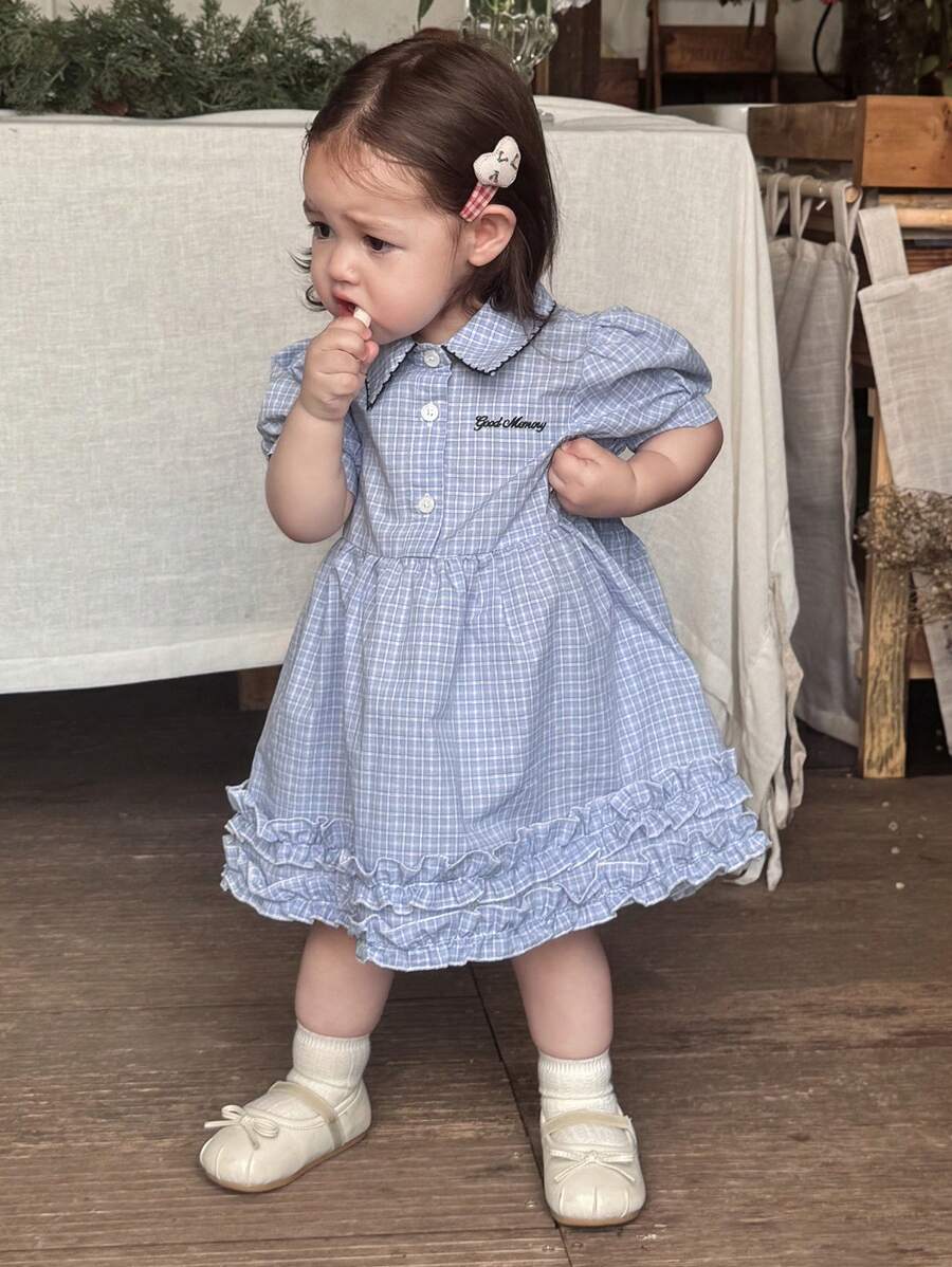 Hapijoa 女童韩版清新领口格子荷叶边下摆中长连衣裙 - 藍色 - 查看 1