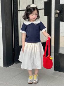 DAZY Young Girls POLO Collar Colorblock Korean-Style T-Shirt And Solid Color Skirt 2 Pieces Set,Girls Summer Outfits - Blue - View 2
