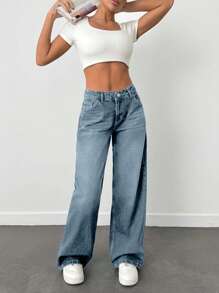 EURMUSE 100% Cotton LOW RISE WIDELEG CUT VINTAGE WASH Y2K STYLE JEAN - Baby Blue - View 5