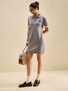 SHEIN Unity Vestido de punto holgado de manga corta, cuello polo, informal y suelto para verano, temporada de graduación - Gris - Ver 6