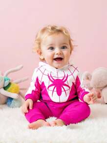 女婴撞色拼接蜘蛛印花连帽连体衣
