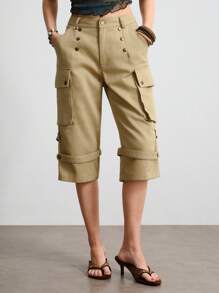 ROMWE Hippie Pantalones cargo de cintura baja vintage 3/4 para mujer (con cinturón de piel sintética) - Caqui - Ver 3