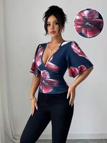 Roylia Women's Floral Print Fitted Sexy Elegant Knit T-Shirt