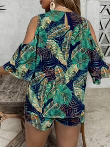 Travachic Blusa holgada con hombros descubiertos, estampado tropical de plantas y cuello con abertura, talla grande, para vacaciones de verano