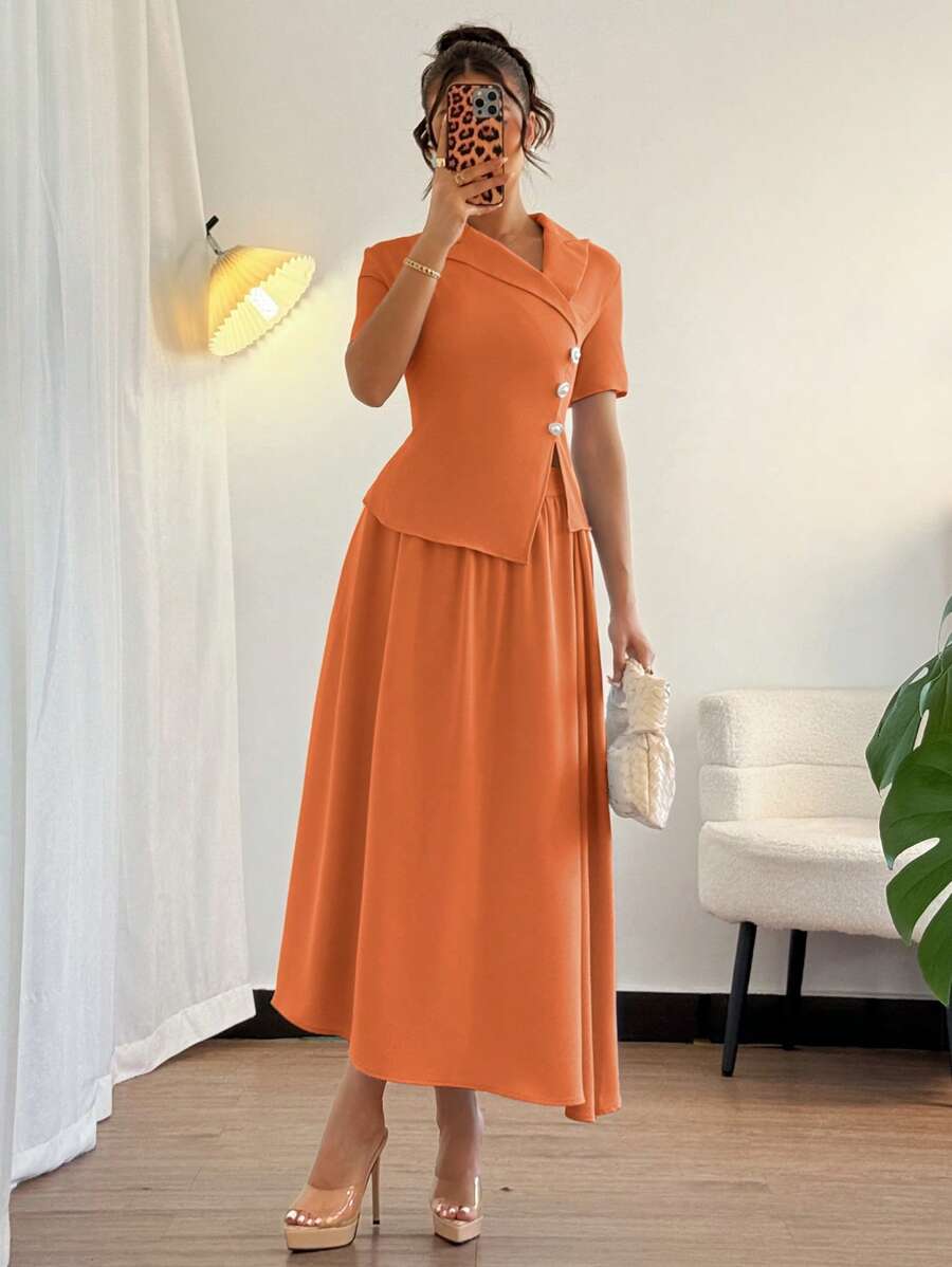 Elenzga Bộ đồ thời trang nữ cổ áo bất đối xứng tay ngắn và chân váy dài đến giữa bắp chân 2 mảnh, đi làm, hẹn hò, thanh lịch, mùa hè - trái cam - Xem 1