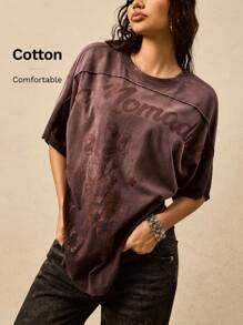 Easelle Women's Fashion Boho Round Neck Batwing Sleeve Coffee Brown Knit T-Shirts With Print For Summer Outfits Western Nomadic Graphic Tees