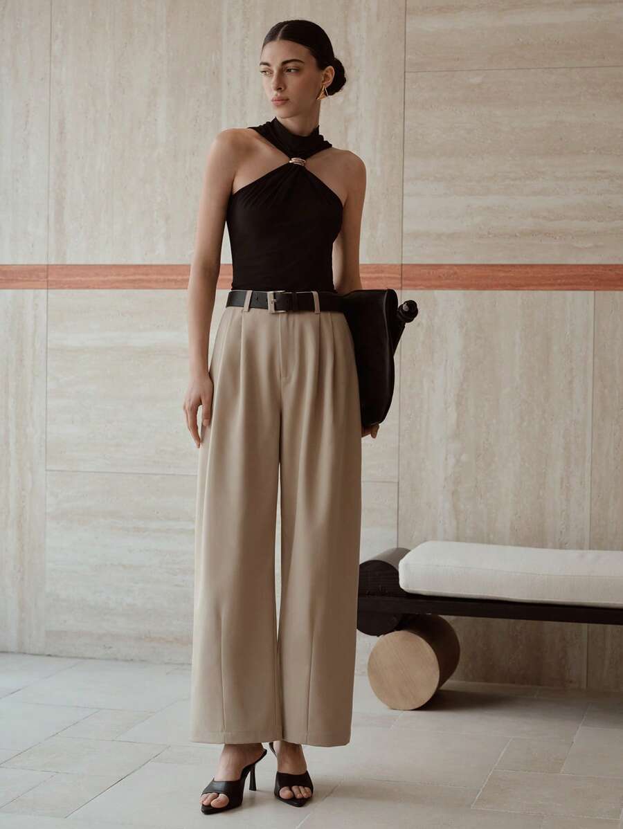 MOTF PREMIUM FOLD PLEATED SLANT POCKET PANTS WITH BELT - Khaki - View 2