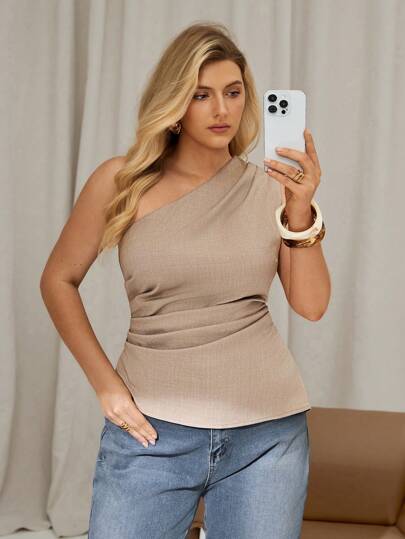 Auralis 大码女式夏季纯色无袖褶皱腰衬衫