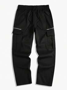 Manfinity Homme Calça Casual Folgada de Rua com Bolsos Cargo e Cordão na Cintura, Cor Sólida - Preto - Visão 3