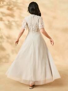 Elegant And White Flowing Mesh Dress With Delicate Lace Decoration For Teen Girl Suitable For Party, Formal Occasion, Outdoor - Apricot - View 2