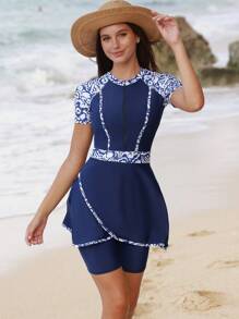 Swim Mulvari 2pcs Muslim Style Women Swimsuit, Floral Print Patchwork Modest Short Sleeve Swimwear Burkini Set For Summer Beach Vacation - Multicolor - View 6