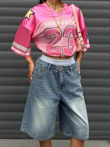 SHEIN Nastolatki Dziewczęta Niebieskie I Białe Paski Podwójny Pas Spliced Pas Projekt Niebieskie Dżinsy Luźne Szorty, Wiosna I Lato Swobodne Wakacje Wiejski Boho Noszenie