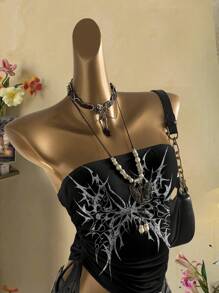 Attitoon 蝴蝶翅膀复古朋克图案性感，音乐节，Y2K 风格，女式休闲波西米亚风度假露背上衣，搭配褶饰领带 - 黑色 - 查看 3