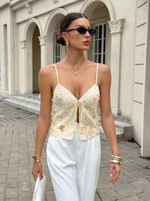 Siren Gaze Women Sequins Embroidered Cami Top, Sexy Sequin Top,New Style Beaded Top Tie Top,Beach,Butter Yellow Top,Island Vacation, Elegant Halter Neck Sequined Top For Women, Concert,Rave Festival, Ibiza, Coachella, Beaded Top,Women Western Gyaru Cute Tops Backless Summer