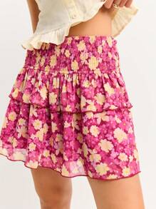 Nöista Women's Pink Floral Fuchsia Floral Mini Skirt With Smocked Waist,Layered Ruffle Detail,Lightweight Summer Boho Vacation Beach,Airport Look,4th Of July - Purple - View 3