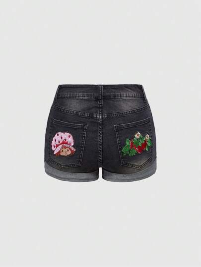 Shorts de mezclilla de mujer con bordado de fresa y dibujos animados