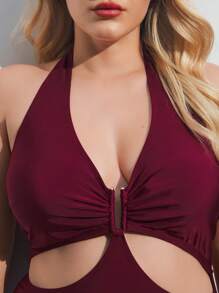 Maija Plus Size Women Solid Color Ruched Waist Halter One-Piece Swimsuit Summer Women Vacation  Vestidos Elegantes De Mujer Beach  Blusas Elegantes Para Mujer Business Casual Woman Going Out Tops Boho Office Outfits Festival Outfits For Rave Hawaii Coachella Festa Junina