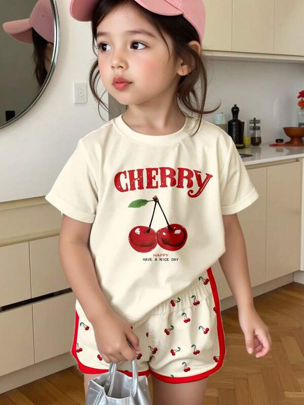 SHEIN Cute Retro Cherry Print, Mini Cherry, "Cherry Girl" Casual Minimalist Short Sleeve Shorts 2-Piece Set, Suitable For Summer, Relaxing Vacations, Beach Weekends, Cute Summer Outfits For , Summer Young Girl Items, Korean Style, Beach Mode On, Summer Outing Items