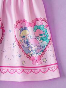 Pop Mart Azura X SHEIN 少女卡通梦幻公主心印花白色甜美休闲领带T恤和粉色可爱短裙套装 - 粉色 - 查看 4