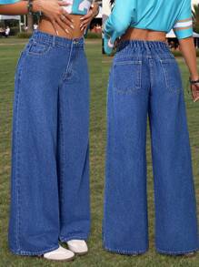 SHEIN PETITE Women's Slim Fit Slant Pocket Casual Straight Leg Jeans, For Concert,Summer