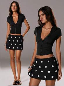 TRNVIE Camiseta de manga corta elegante de unicolor, ajustada y con cuello en V profundo con botones para mujer